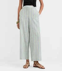 Pull On Wide Leg Pants Striped Linen Cotton