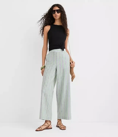 Pull On Wide Leg Pants Striped Linen Cotton
