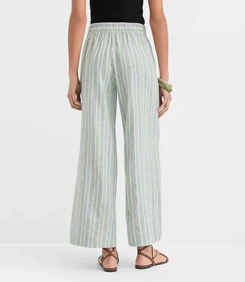Petite Pull On Wide Leg Pants Striped Linen Cotton