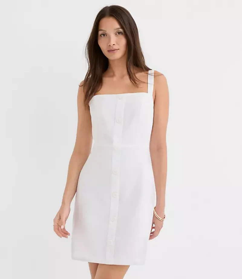 Petite Linen Cotton Button Strappy Mini Dress