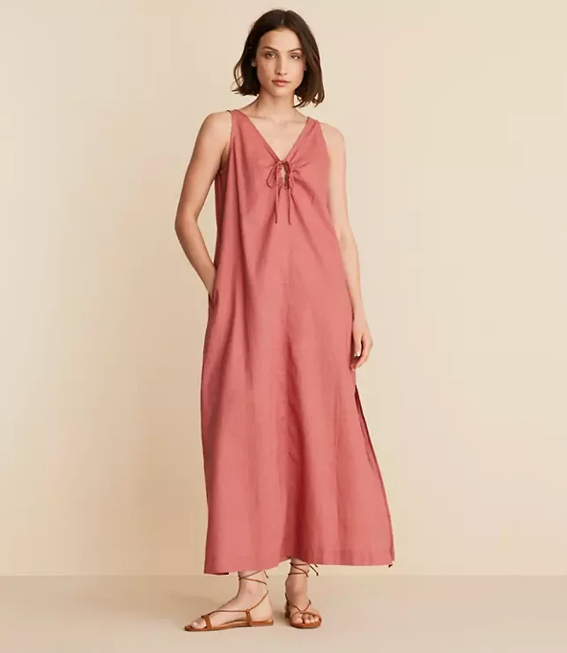 Petite Lou & Grey Linen Cotton Tie Keyhole Maxi Pocket Dress