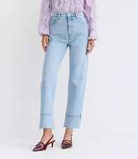 Petite Fresh Cut Cuffed High Rise Straight Jeans Light Wash Indigo