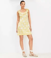 Petite Floral Linen Blend Ruffle Neck Mini Dress