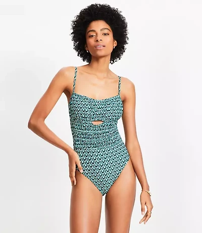 LOFT Beach Geo Shirred Cutout One Piece Swimsuit