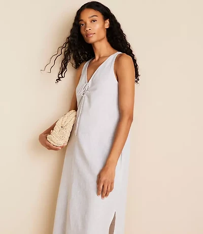 Lou & Grey Crosshatch Linen Cotton Tie Keyhole Maxi Pocket Dress