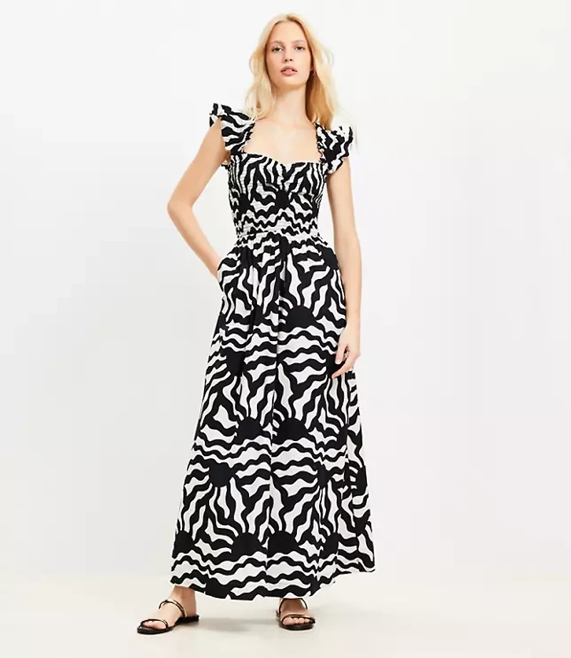 LOFT Beach Sunny Poplin Ruffle Strap Maxi Pocket Dress