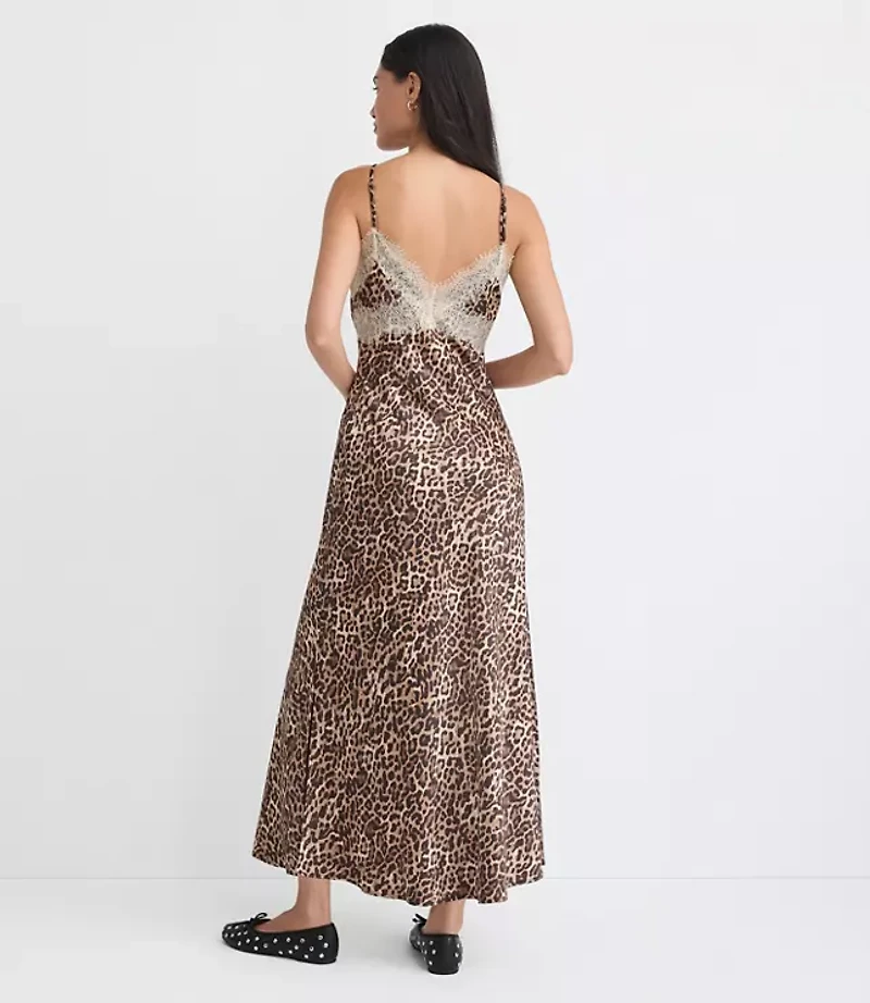 Leopard Print Lace Trim Satin Midi Slip Dress