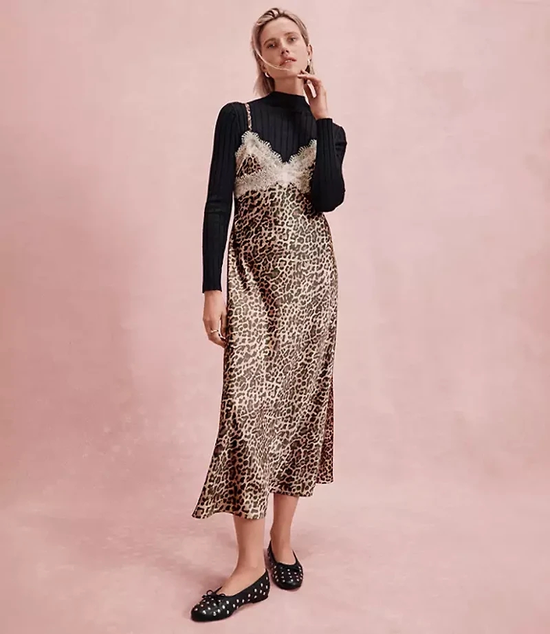 Leopard Print Lace Trim Satin Midi Slip Dress