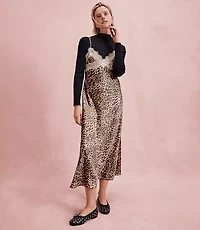 Leopard Print Lace Trim Satin Midi Slip Dress