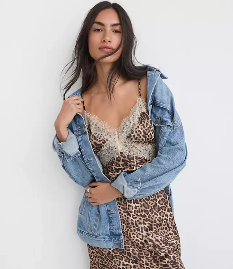 Leopard Print Lace Trim Satin Midi Slip Dress