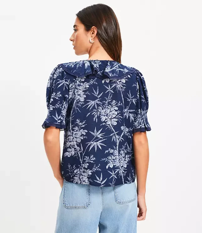 Palm Lace Trim Ruffle Blouse
