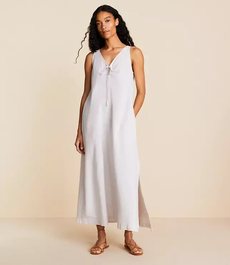 Petite Lou & Grey Crosshatch Linen Cotton Tie Keyhole Maxi Pocket Dress