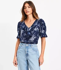Petite Palm Lace Trim Ruffle Blouse