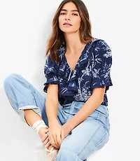 Petite Palm Lace Trim Ruffle Blouse