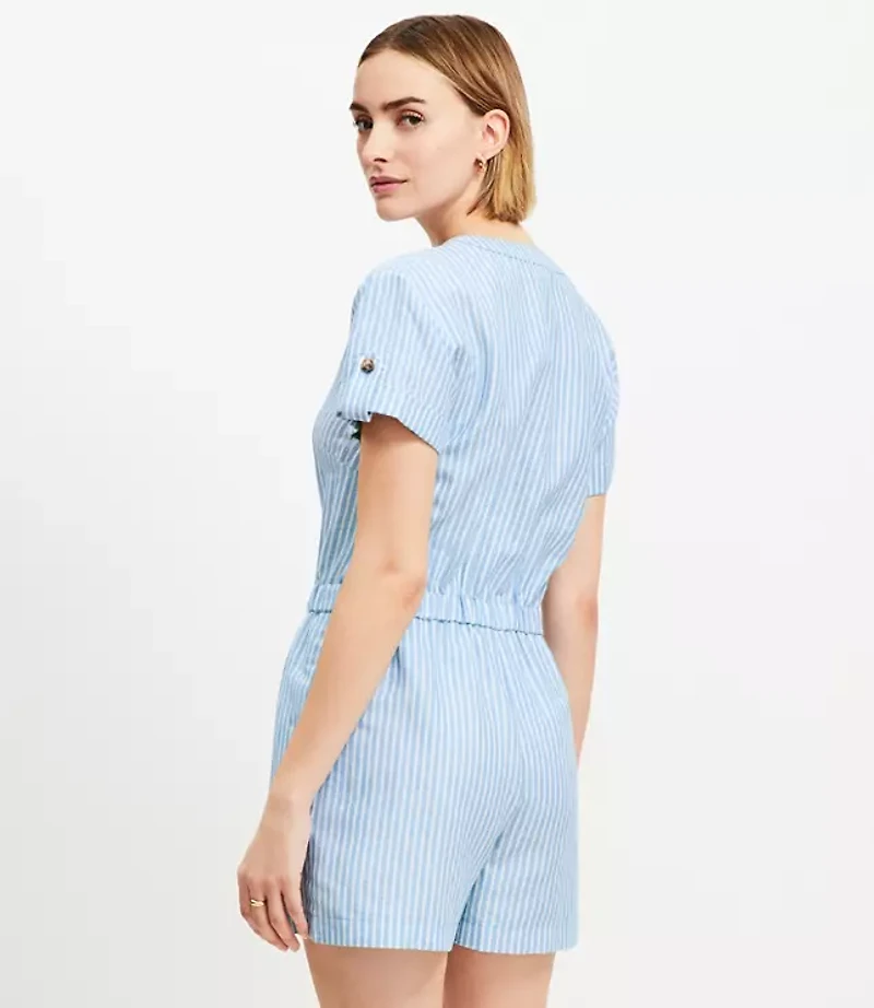 Petite Striped Linen Cotton Split Neck Romper