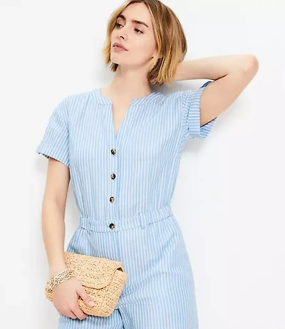 Petite Striped Linen Cotton Split Neck Romper