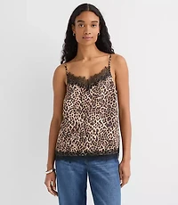 Leopard Print Lace Trim Satin Cami