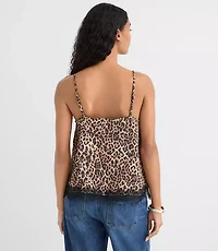 Leopard Print Lace Trim Satin Cami