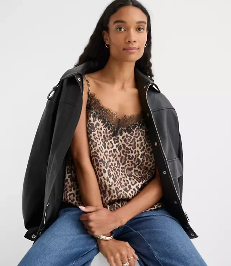 Leopard Print Lace Trim Satin Cami