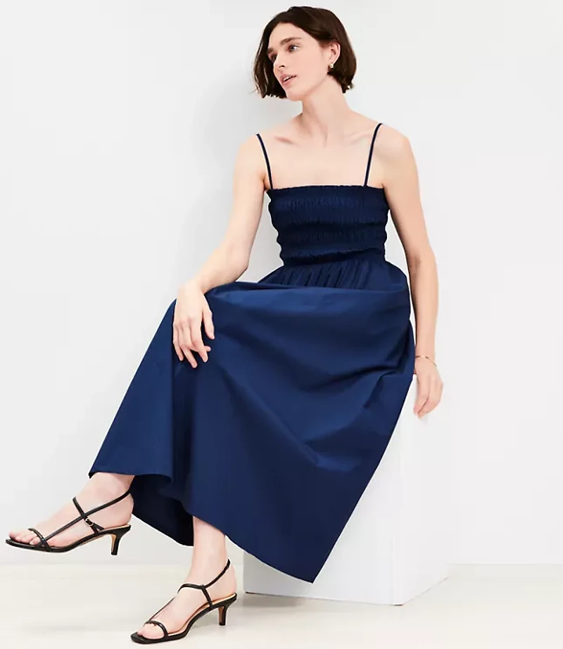 Petite Poplin Smocked Strappy Maxi Pocket Dress