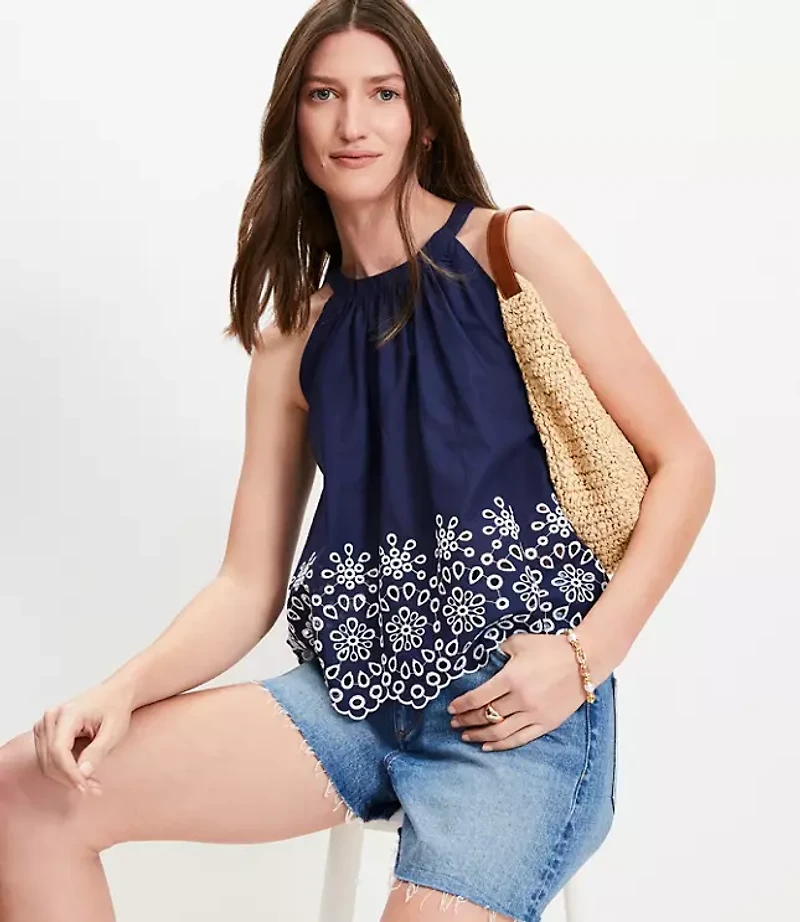 Petite Daisy Eyelet Scalloped Halter Top