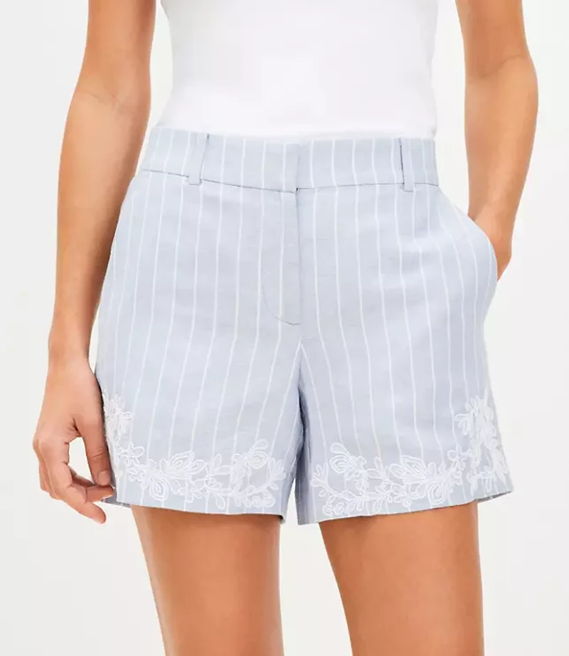 Petite Floral Embroidered Stripe Riviera Shorts in Linen Blend