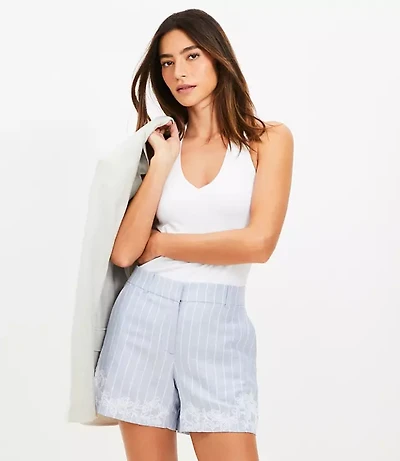 Petite Floral Embroidered Stripe Riviera Shorts in Linen Blend