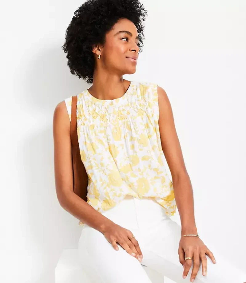 Petite Floral Pleated Yoke Mixed Media Top