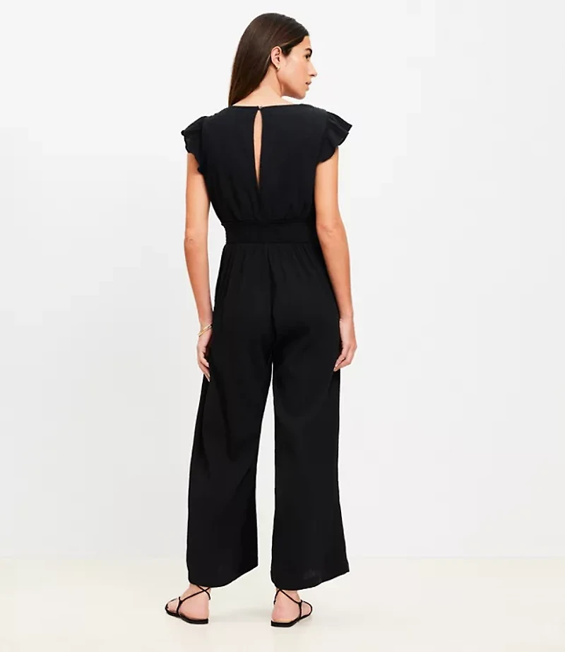 Petite LOFT Beach Crinkle Cutout Flutter Jumpsuit