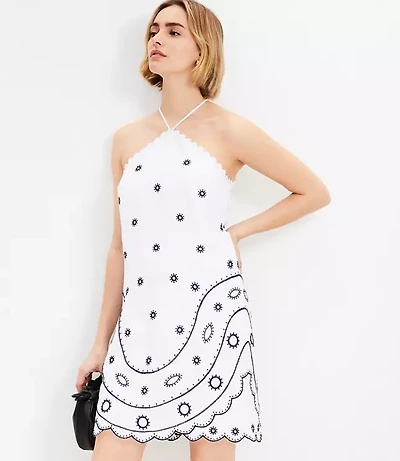 Embroidered Linen Blend Mini Halter Dress