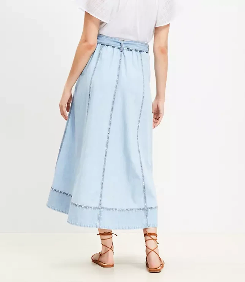 Chambray Belted Midi Pocket Skirt