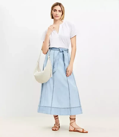 Chambray Belted Midi Pocket Skirt