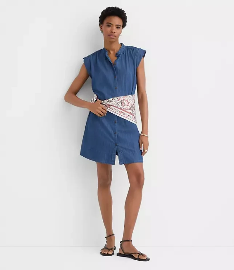 Chambray Shirred Mini Pocket Dress