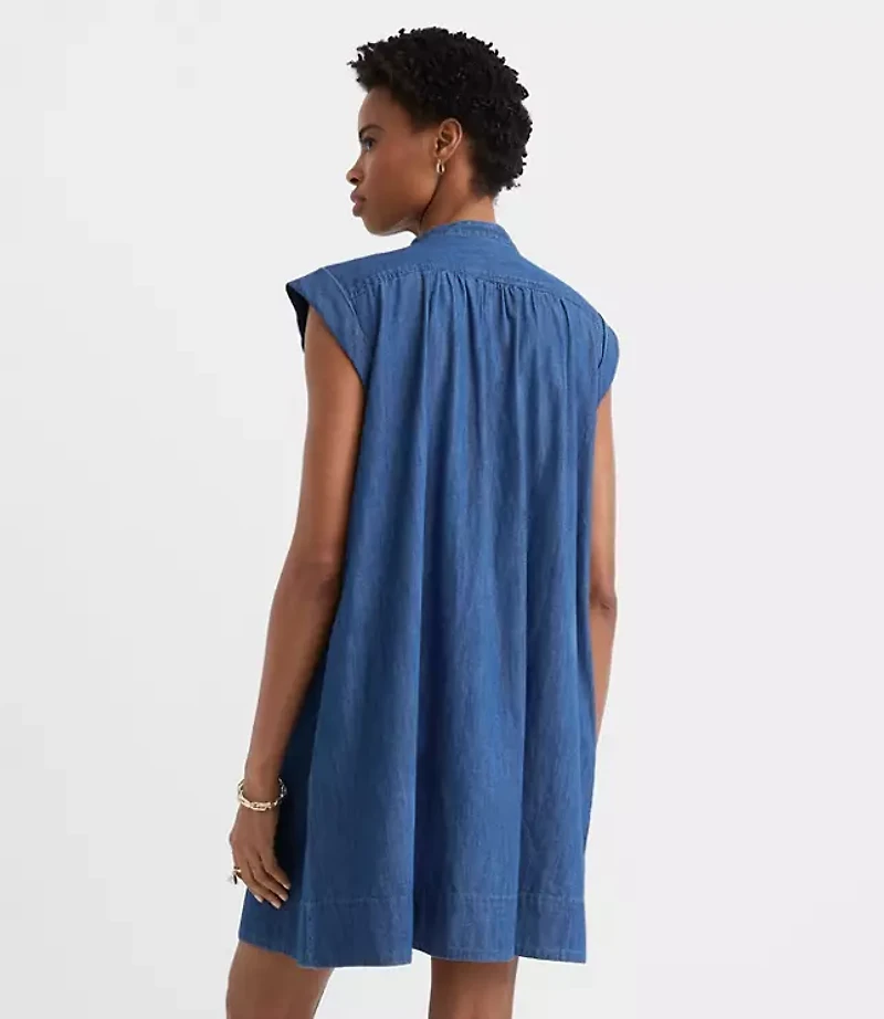 Chambray Shirred Mini Pocket Dress