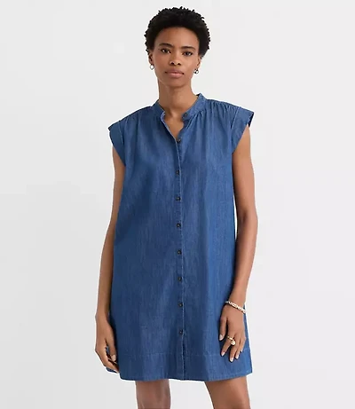 Chambray Shirred Mini Pocket Dress