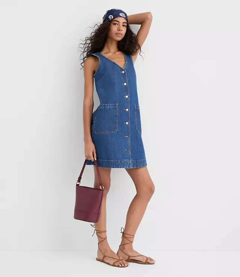 Denim Button Mini Pocket Dress Classic Mid Wash