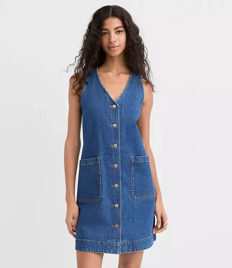 Denim Button Mini Pocket Dress Classic Mid Wash