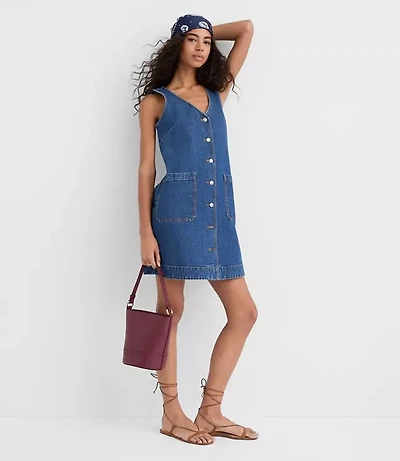 Denim Button Mini Pocket Dress Classic Mid Wash
