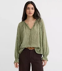 Petite Eyelet Ruffle Cuff Tie Neck Blouse