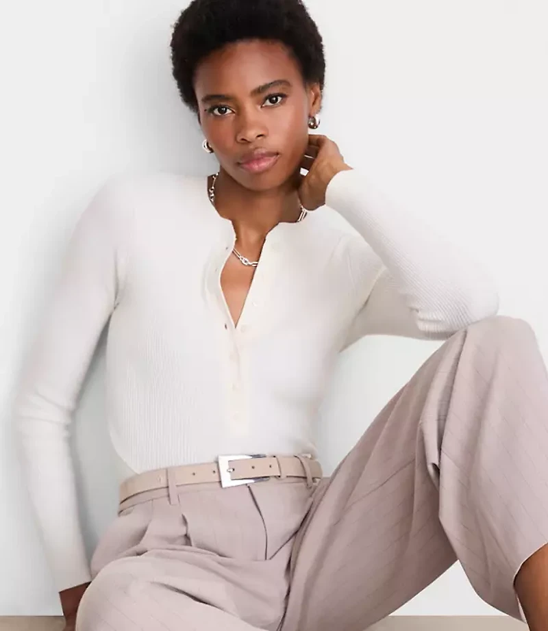 Petite LOFT Versa Ribbed Henley Sweater