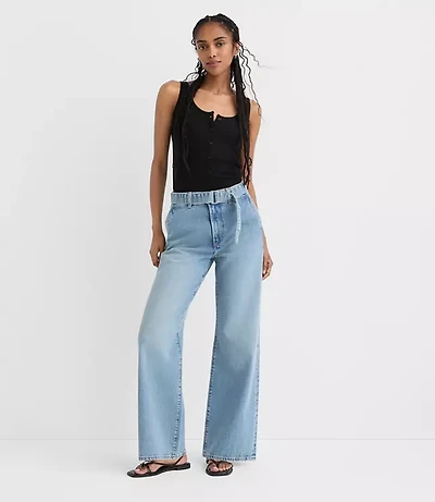 Rivete Tall Belted High Rise Wide Leg Jeans Light Wash