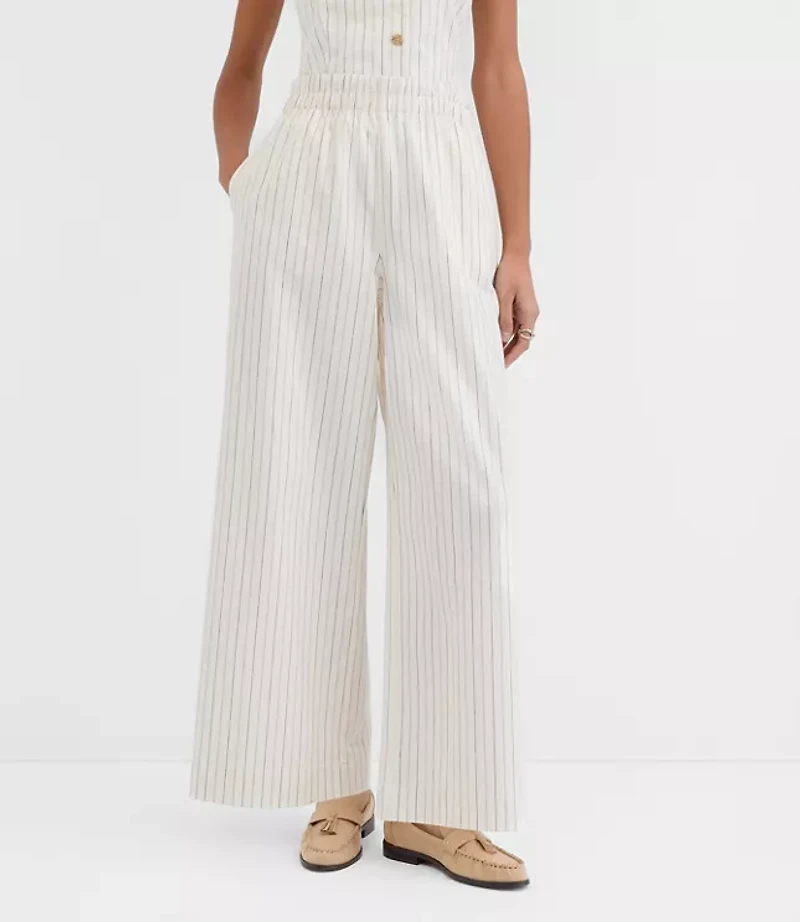 Petite Pull On Wide Leg Pants Pinstripe Cotton Linen