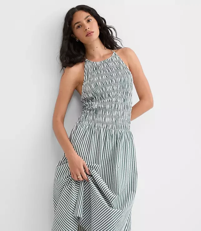 Petite Striped Smocked Halter Midi Pocket Dress