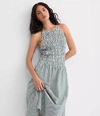 Petite Striped Smocked Halter Midi Pocket Dress