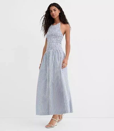 Petite Striped Smocked Halter Mini Pocket Dress