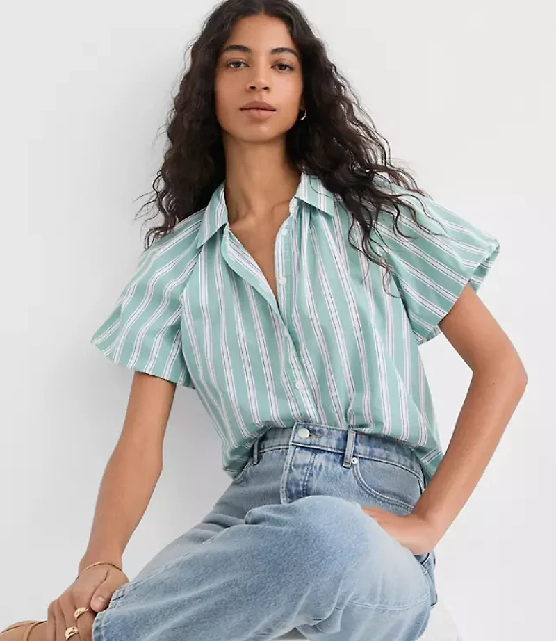 Petite Striped Poplin Bubble Sleeve Shirt