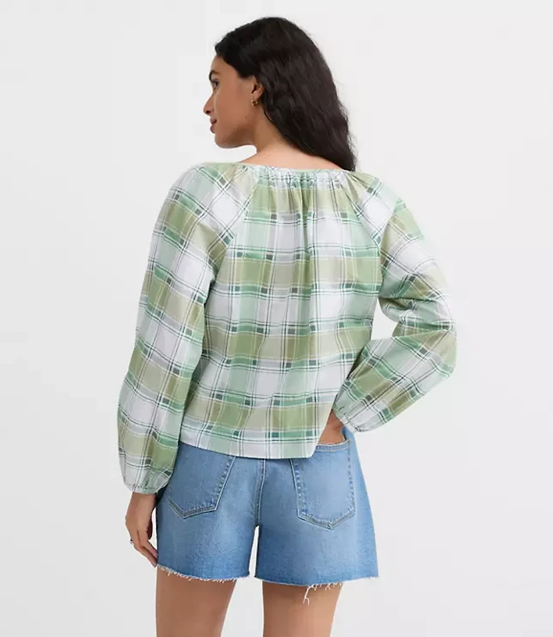 Petite Plaid Gathered Keyhole Blouse