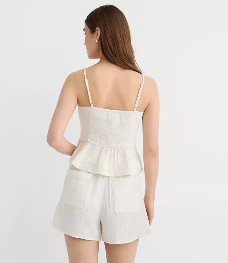 LOFT Beach Strappy Ruched Triple Cloth Peplum Top