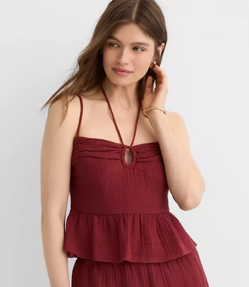 LOFT Beach Strappy Ruched Triple Cloth Peplum Top