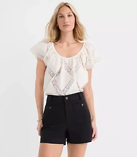 Petite Lace Lattice Flutter Sleeve Blouse